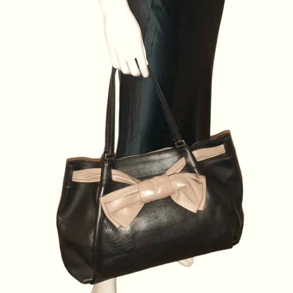 VALENTINO GARAVANI Black Leather Aphrodite Bow Tote w/Belted Tan Leather Bow